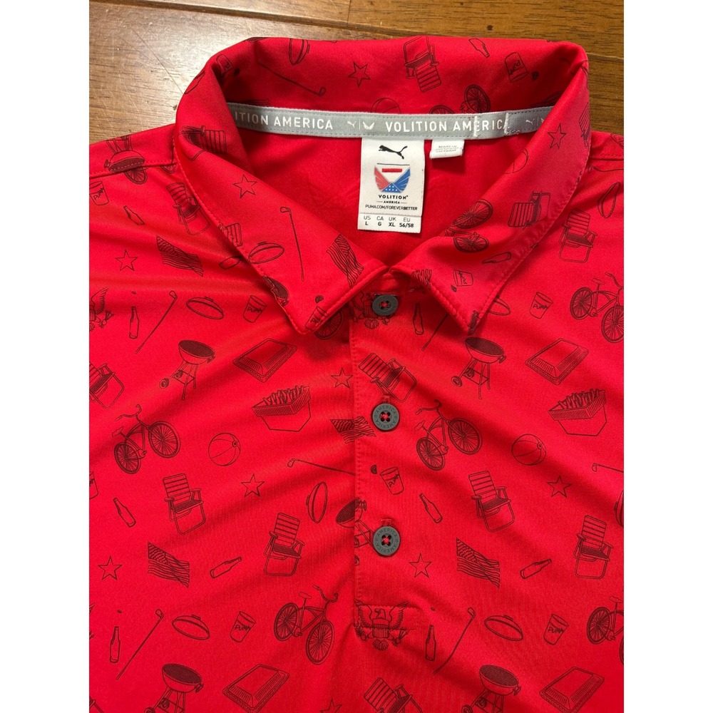 Puma Golf Polo Mens Large Red Volition America All Over Print Summer Grill Shirt